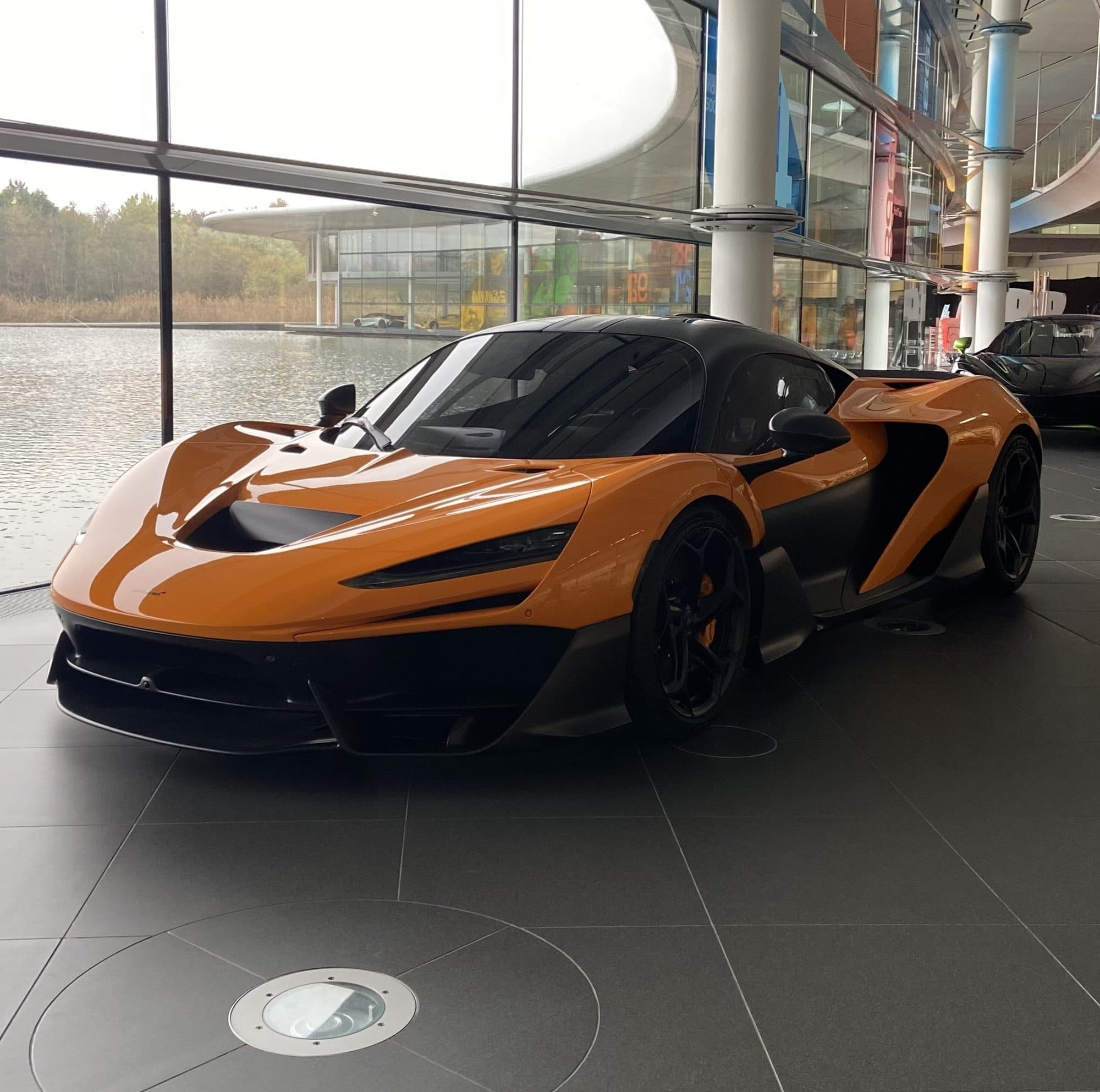 Orange McLaren in the McLaren Technology Centre